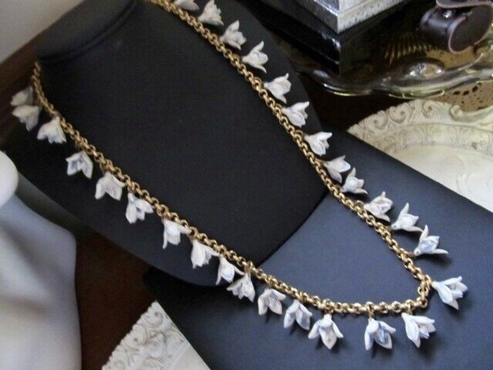 VtG Brass Chain Link Garland Necklace w Molded Plastic Flower Bud Dangle Charms