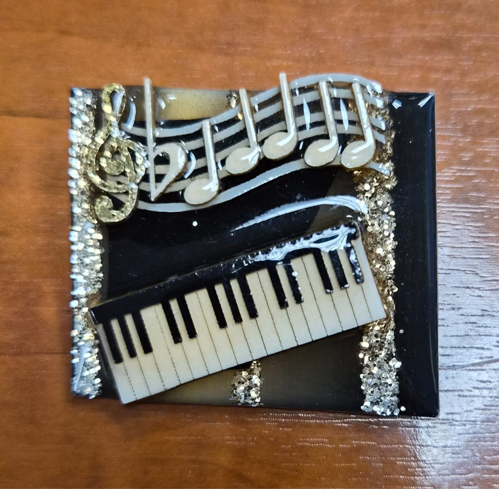 Vintage Music Pins by Lucinda Piano Keyboard Gold Glitter Notes Pin / Brooch
