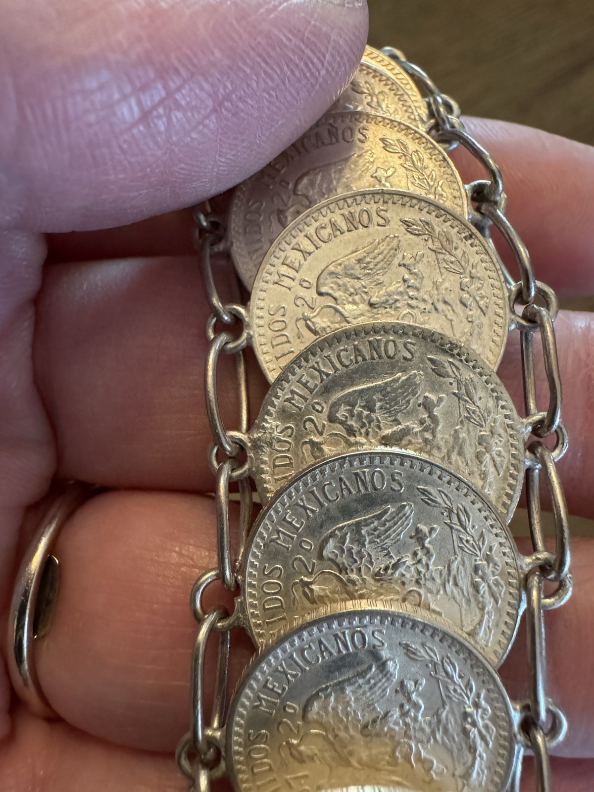 Vintage Mexican 20 Centavos Coin Bar Link Chain Bracelet ~ Silver ~ 7 in
