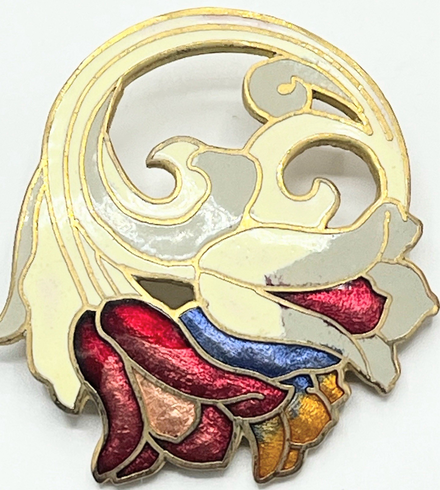 Cloisonné Tulip Brooch Gold Tone Red Orange Cream Gray White Enamel