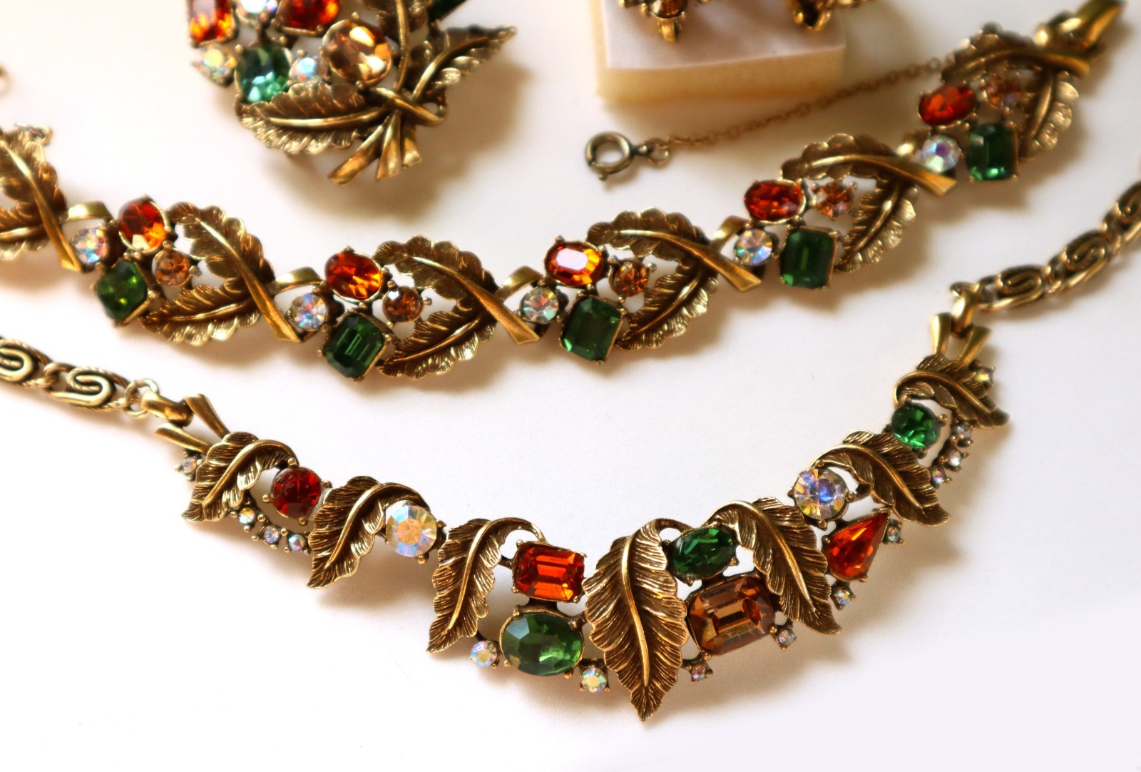 Vintage CORO PARURE Rhinestone Set Fall Colors Necklace Bracelet Earrings Brooch