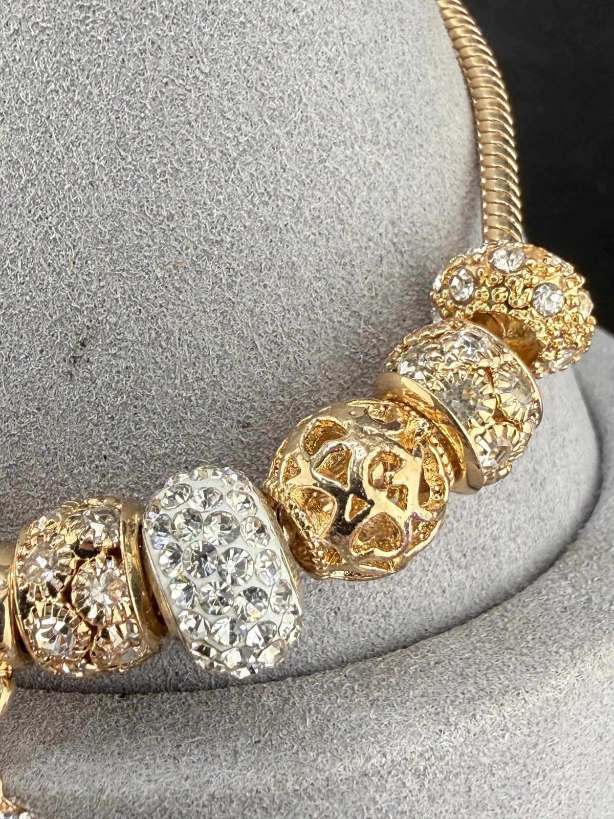 Slide Charm Bracelet Gold Tone Rhinestone Heart Love 7”