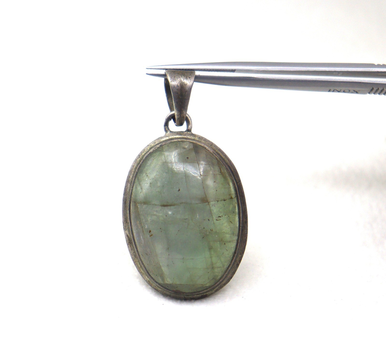 925 Sterling Silver Natural Green Beryl Oval Pendant Gemstone Jewelry 9.64 G