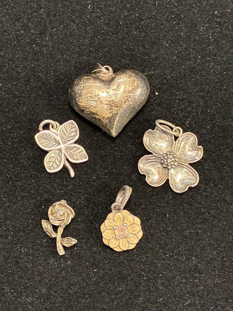 Vintage Sterling Silver Charm Lot – Hearts Flowers Clover Rose – 5 Charms