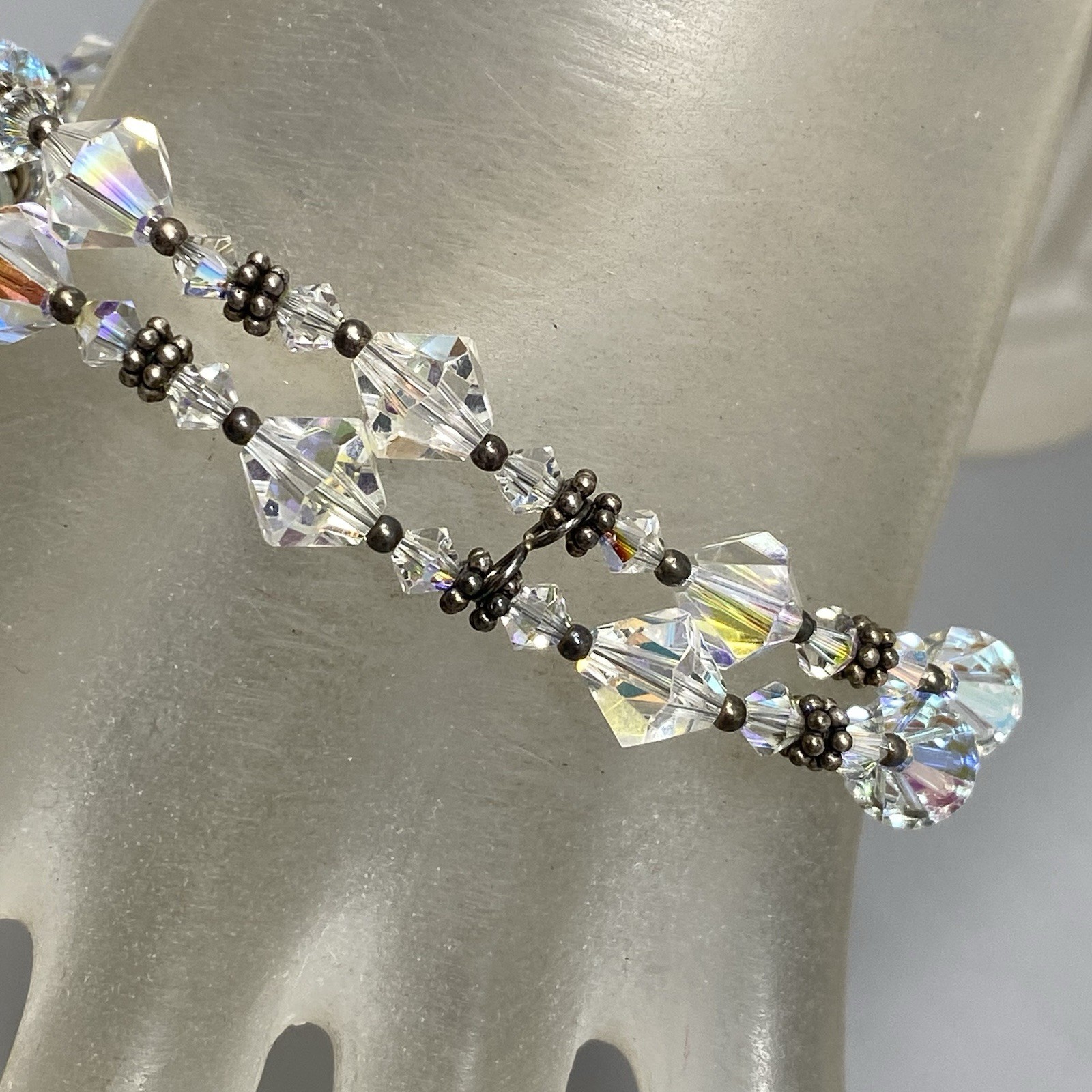 Aurora Borealis Glass Bead Bracelet Bicone Faceted Double Strand Tennis 7.5″