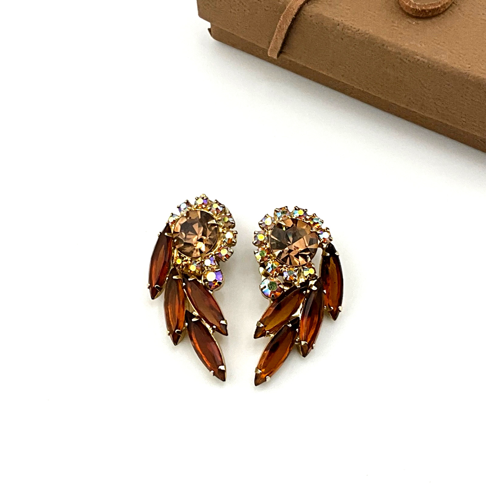 Vintage Mid Century Modern Crystal Clip Earrings Amber Navette Aurora Borealis