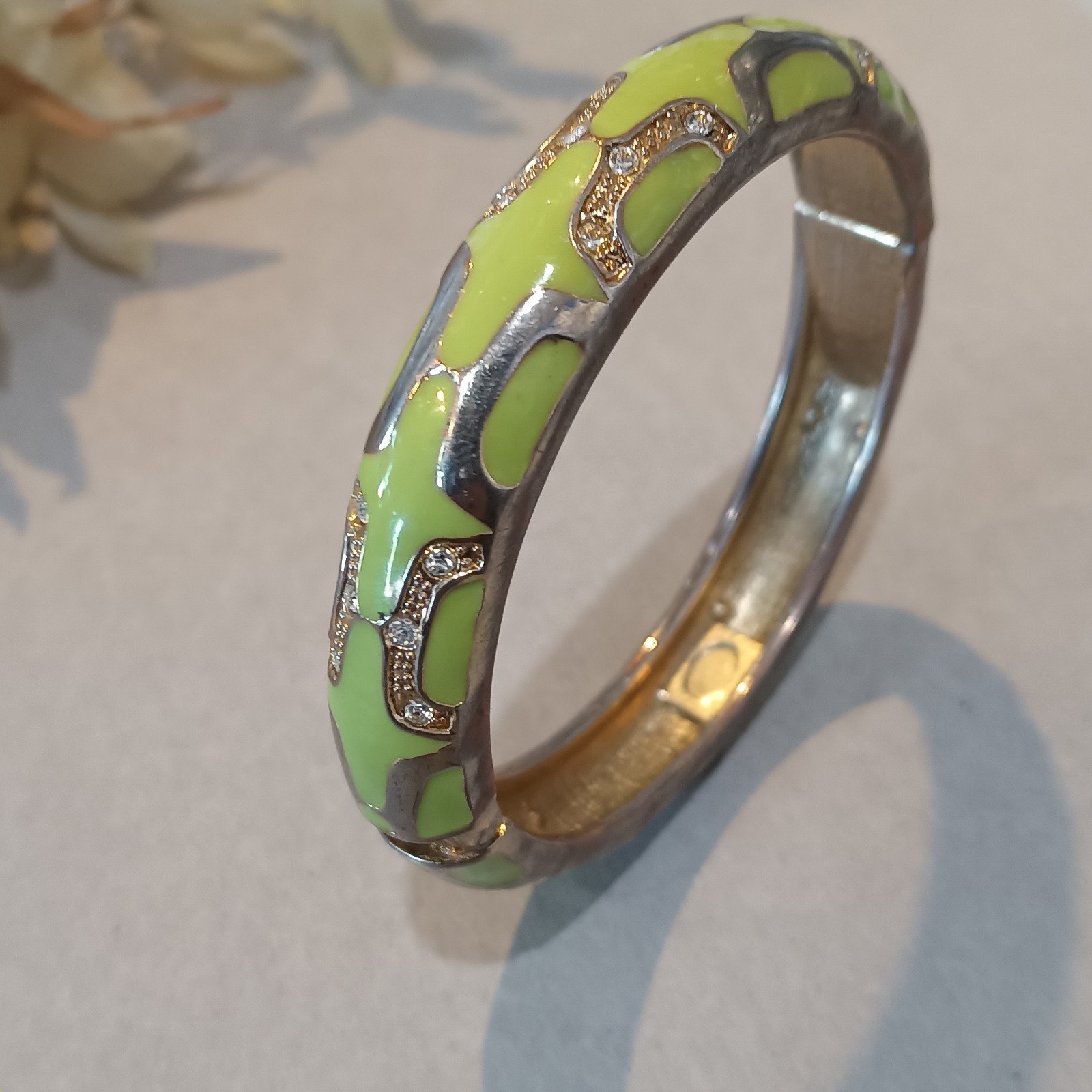 Vintage Lime Green Enamel & Rhinestone Accent Hinged Bangle Bracelet