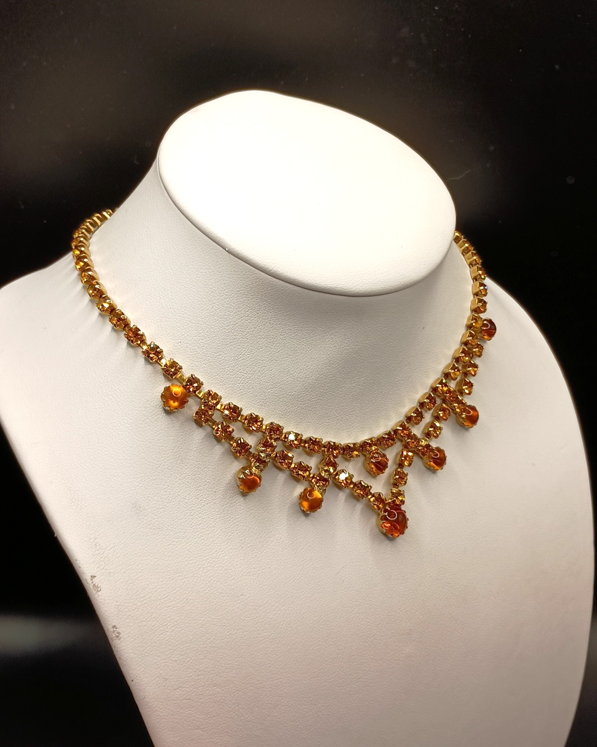 Victorian Revival Amber Color Rhinestone Necklace Regal Collar Gold Tone 16.5″