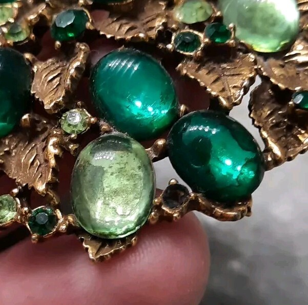 Vtg Arthur Pepper Brooch Pin Greens Cabochon Rhinestone Gold Leaves Gripoix RARE
