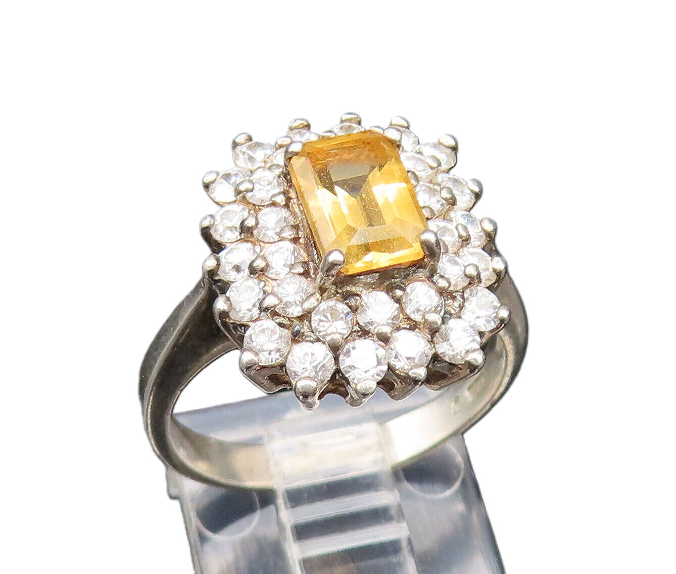 925 Sterling Silver Vintage Citrine & Cubic Zirconia Halo Ring Sz 7 RG25641