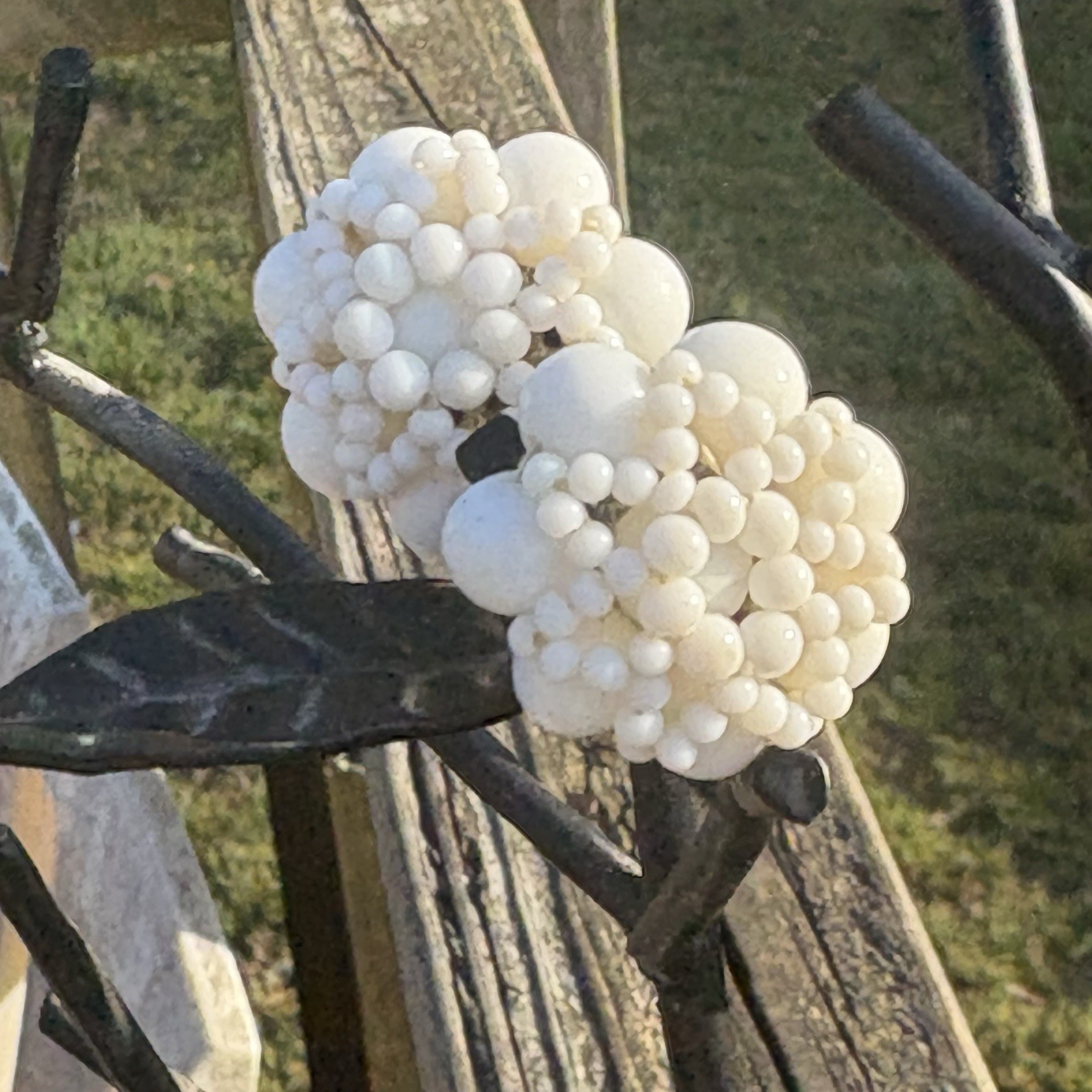 Vintage Japan White Cluster Earrings Screwback Grape Bead Bridal Cottagecore