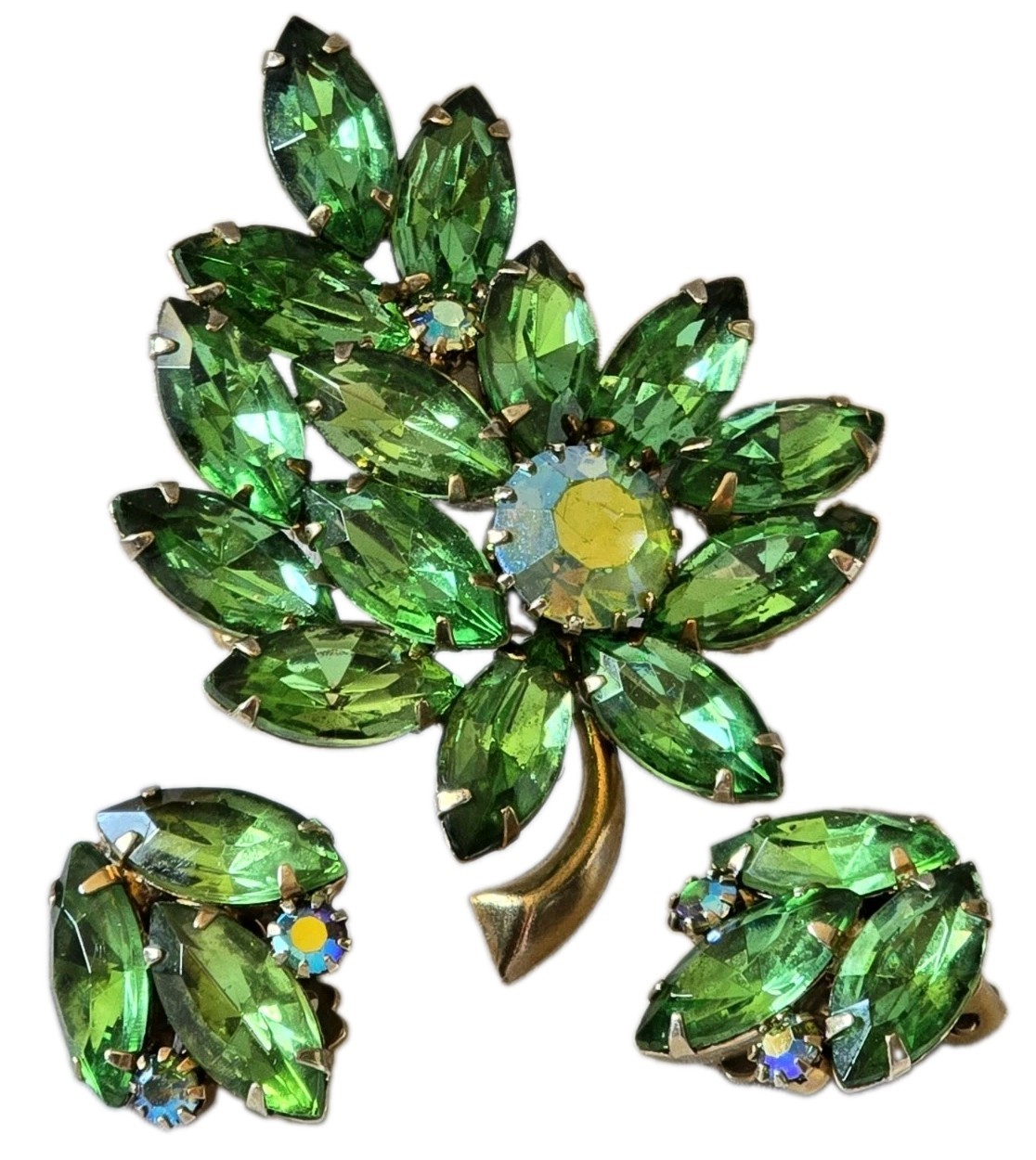 JULIANA STYLE EMERALD GREEN MARQUISE RHINESTONES/IRIDESCENT BROOCH & EARRINGS