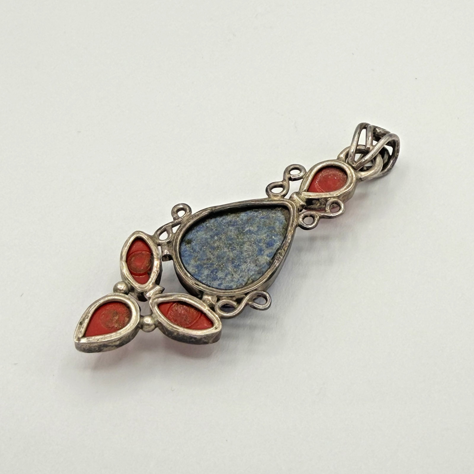 Vintage Southwest Sterling 925 Lapis Lazuli Red Coral Pendant Dangle Earring Set