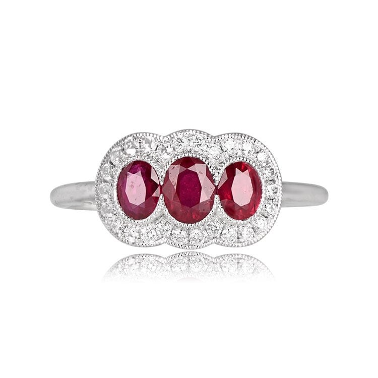 3/4 Ctw Red Oval Cut CZ Three Stone Art Deco Retro Engagement Ring In 925 Silver