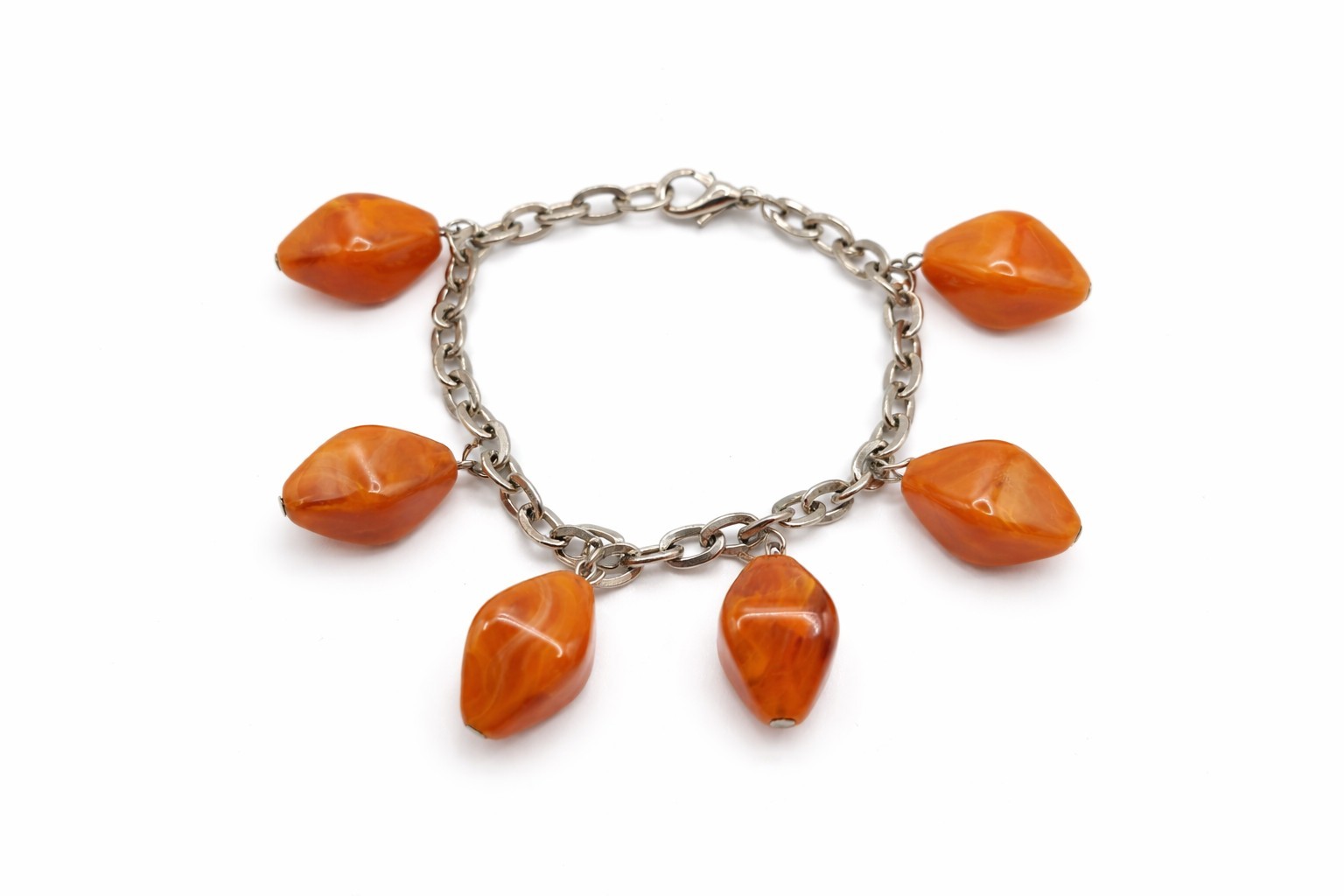 Vintage Marbled Orange Acrylic Charm Bracelet Chunky Retro Dangle Drop Charms