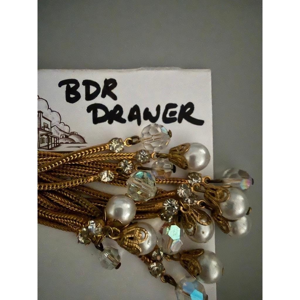 Vintage Gold Tone Mesh Chain Necklace Tassel Crystals 17″ Statement Adjustable