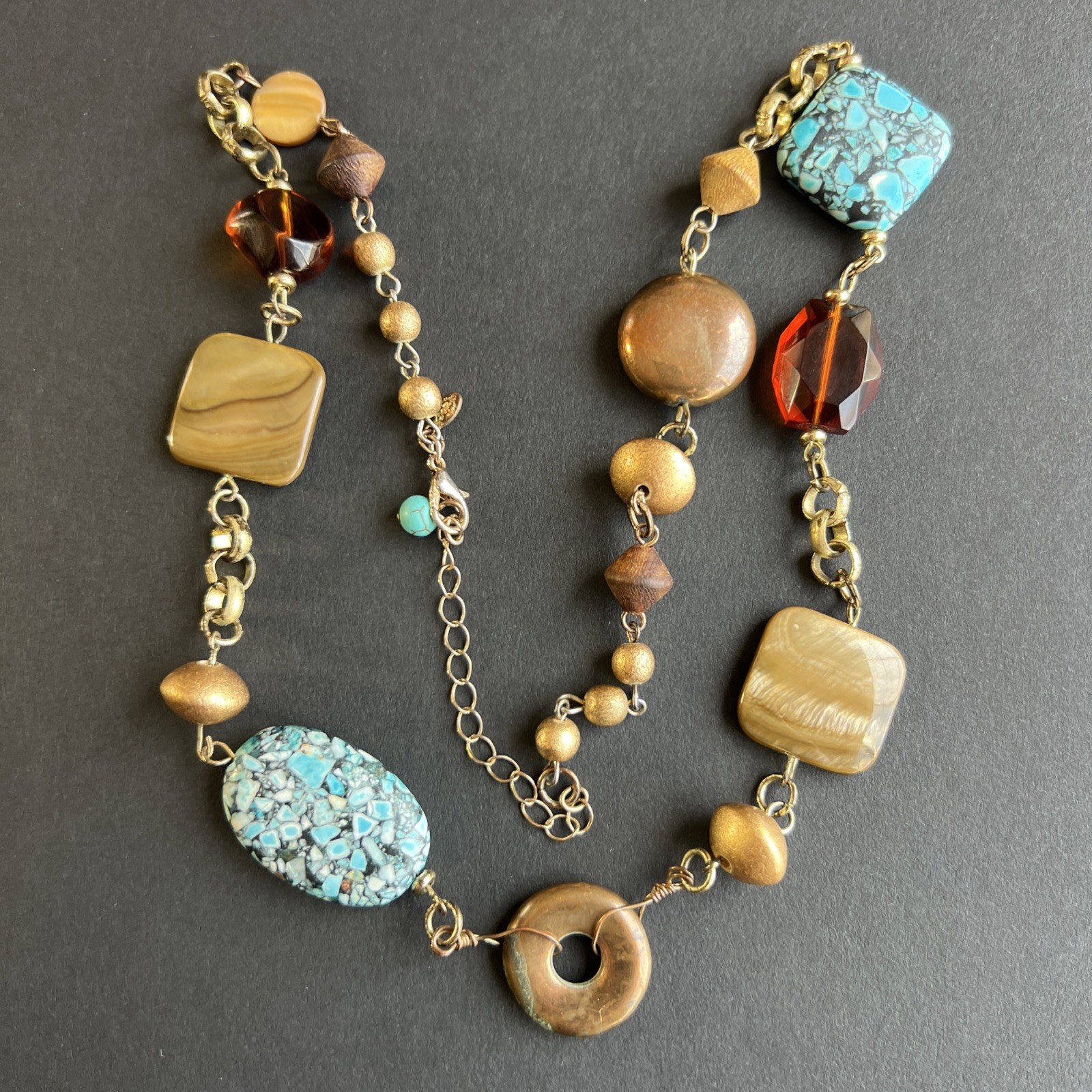 Vintage Turquoise Chip Inlay Beads Amber Mother of Pearl Abalone Bronze Necklace