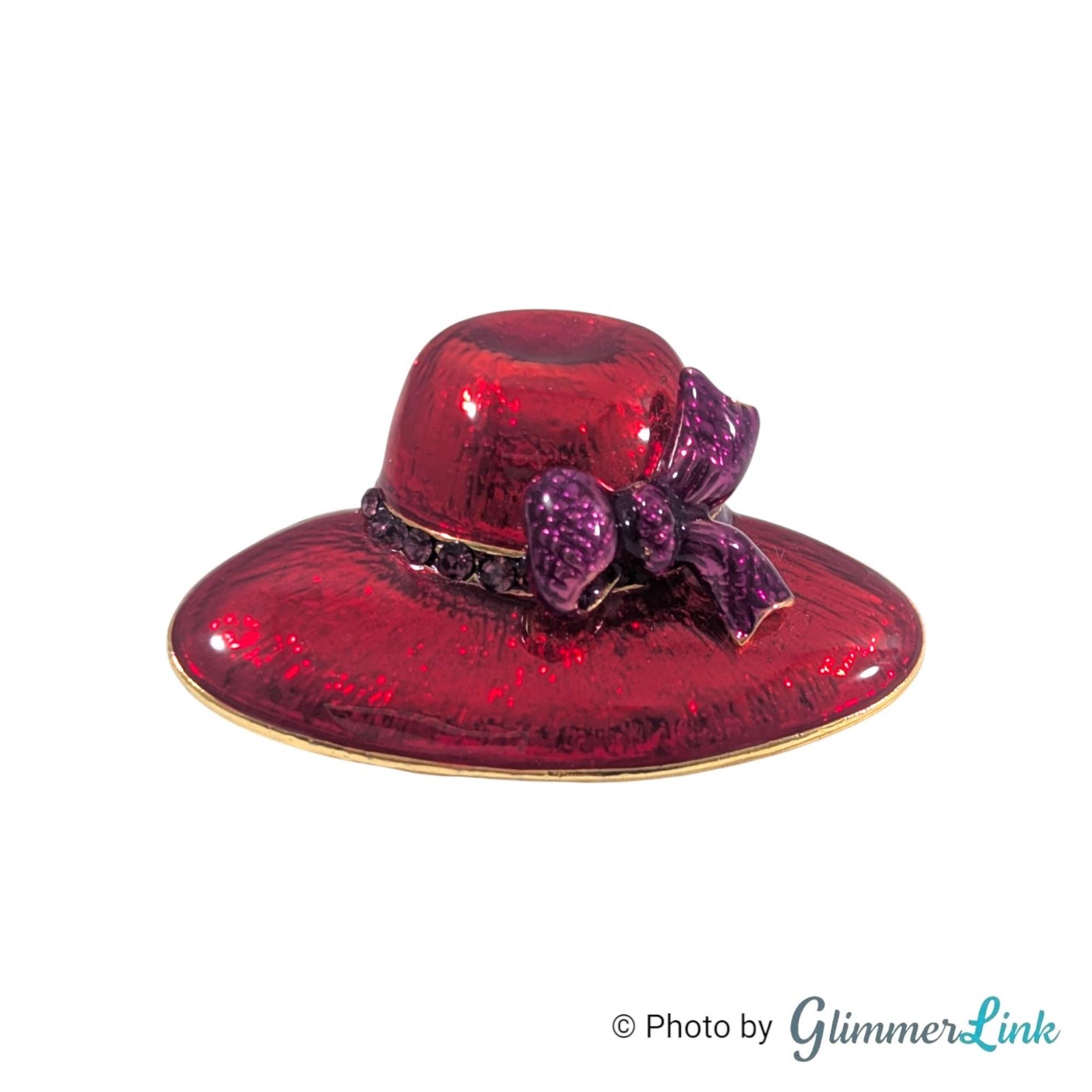 Vintage Red Enamel Hat Brooch Pendant Purple Bow Rhinestones Gold Tone