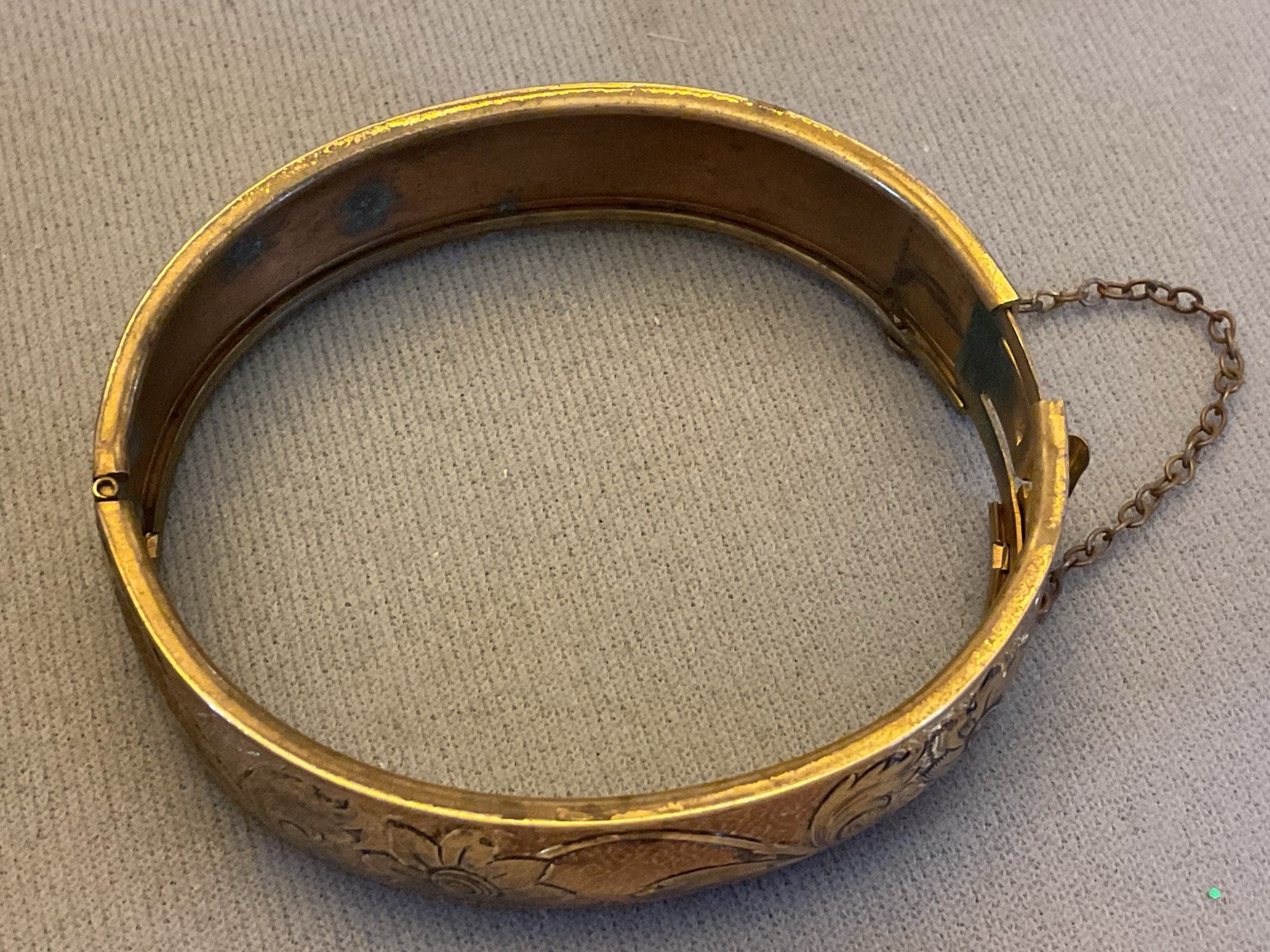 Vintage Bangle Hinged Bracelet Etched Flowers Gold Tone Textured