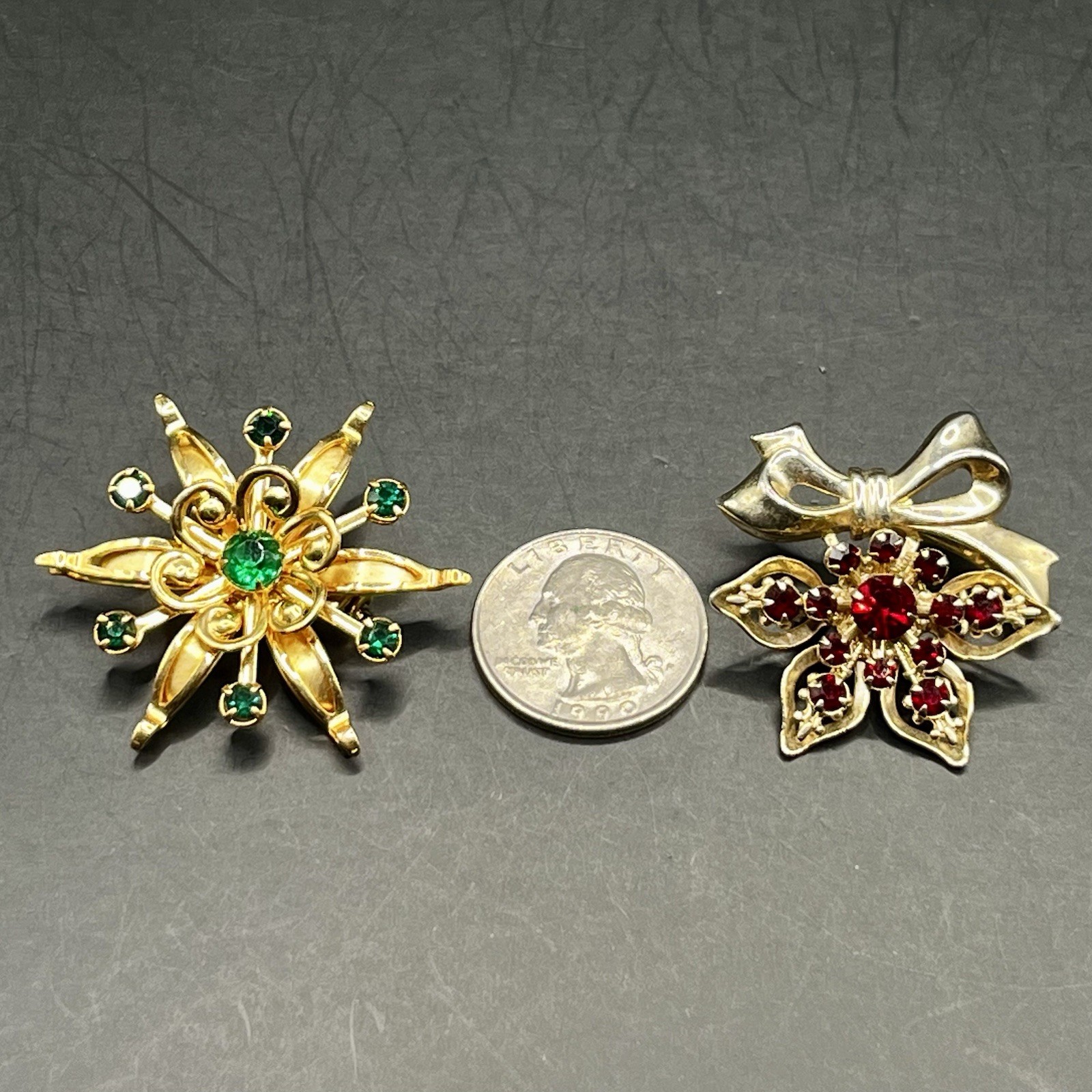 Vtg Rhinestone Brooch 2 pc Lot Green Starburst Red Snowflake Flower *See Notes
