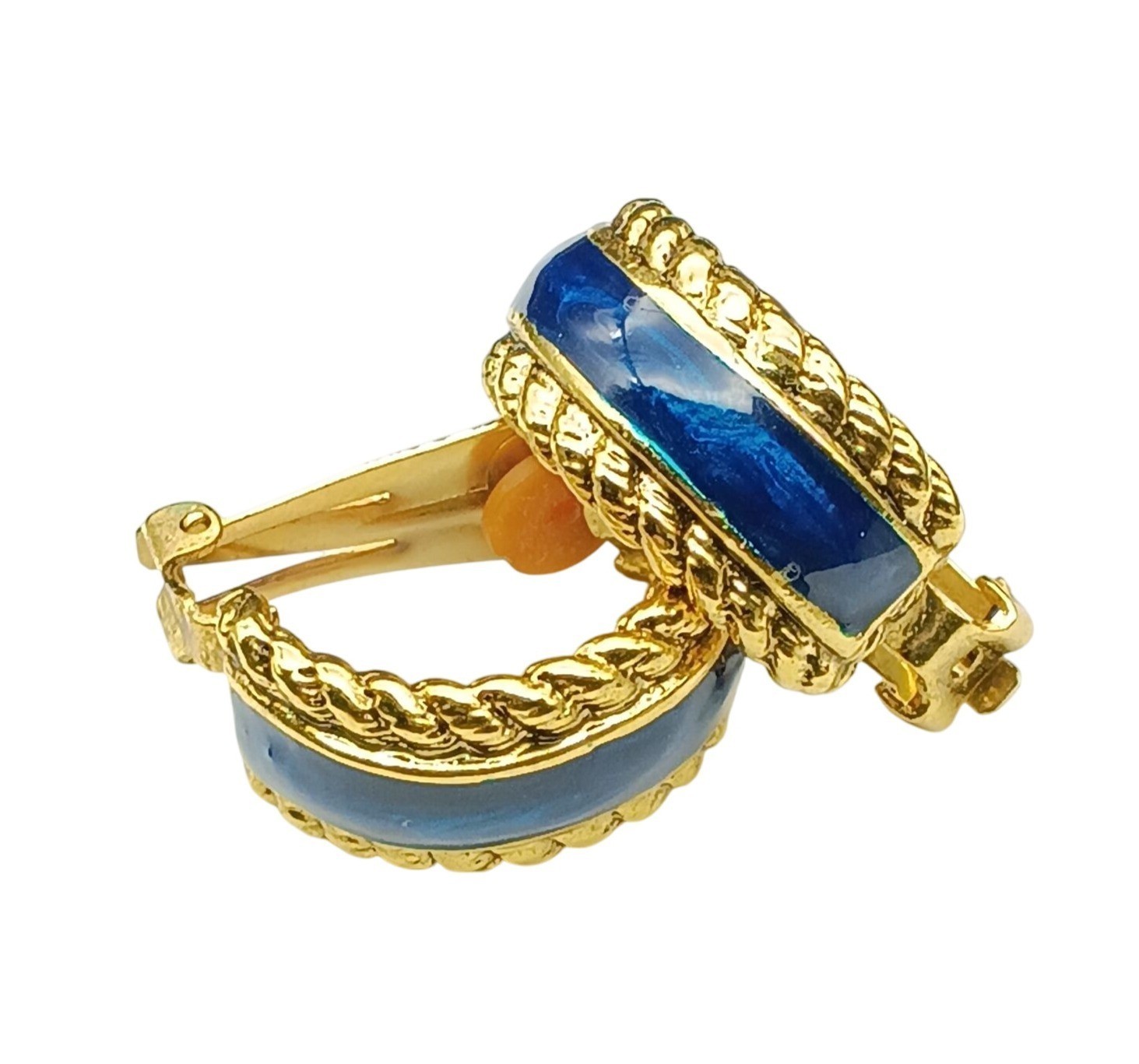 Vintage Gold-Tone Clip-On Hoop Earrings with Blue Enamel Finish