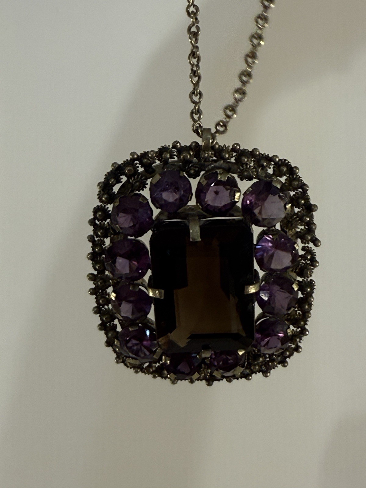 Vintage Thai Amethyst Smoky Quartz Pendant Large Statement Necklace