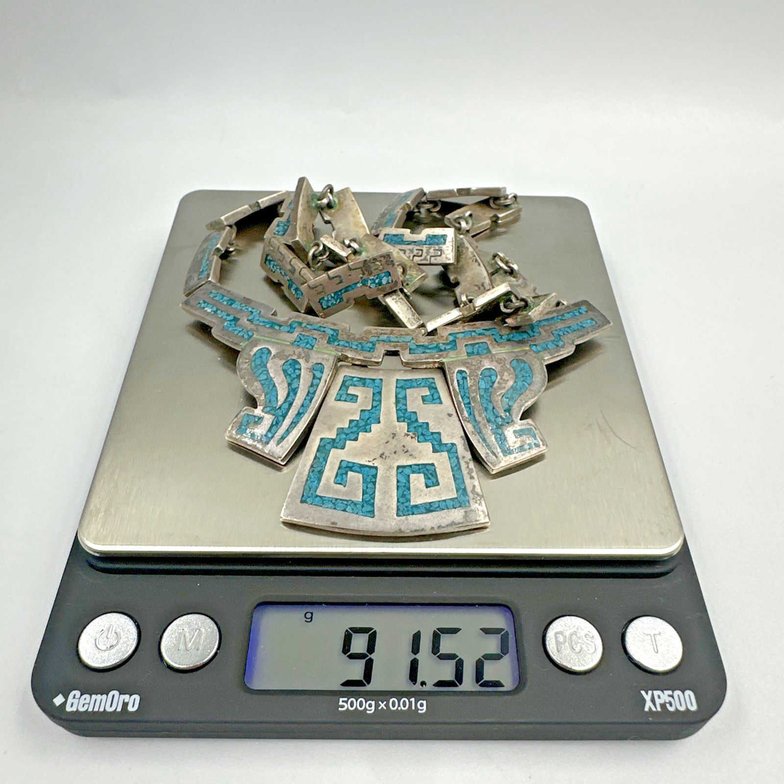 Vtg Taxco Sterling Turquoise Chip Inlay Panel Necklace 16.5″ 91.5g Signed PVB