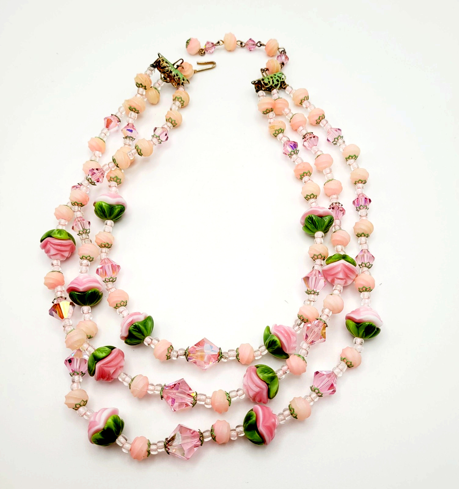 Triple Strand Glass Pink Rosette Green Bottom Rosebuds Bicone Crystal Necklace