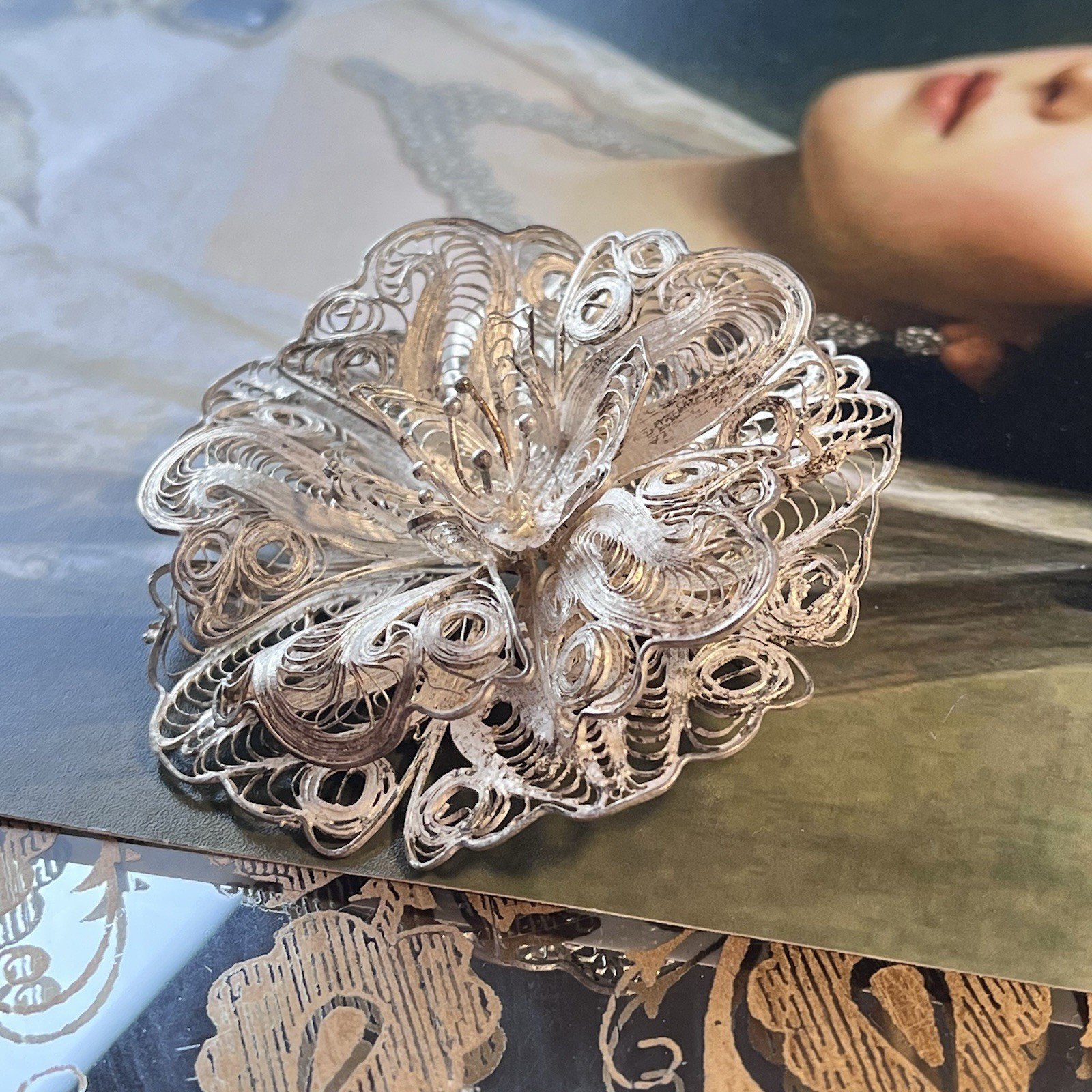 Vintage Mexican Cannetille Filigree Floral Brooch – 2.5” – Marked SILVER MEXICO
