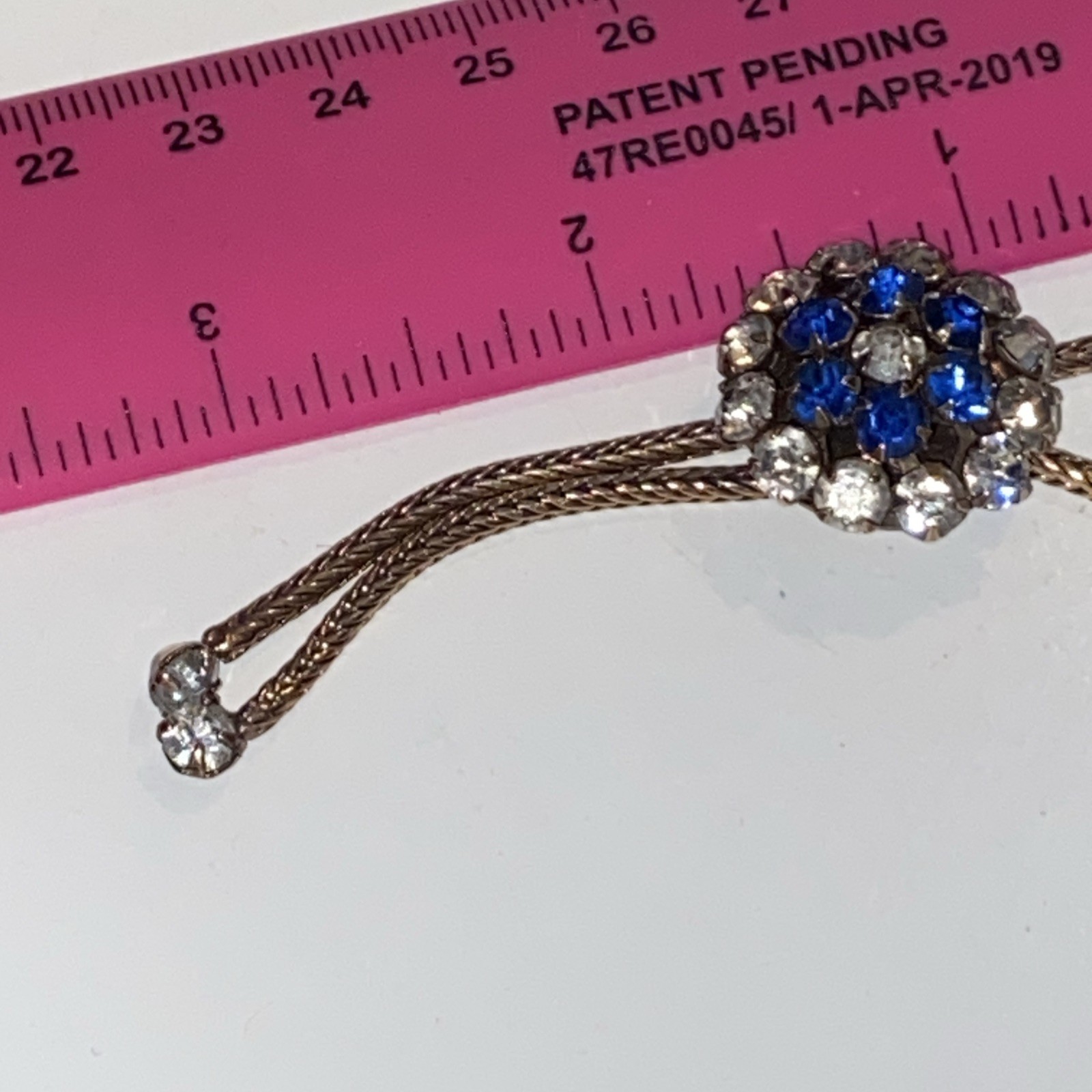 ANTIQUE VINTAGE SAPPHIRE CLEAR PASTE STONES BOLO FIX TAIL CHAIN NECKLACE 19 3/4”