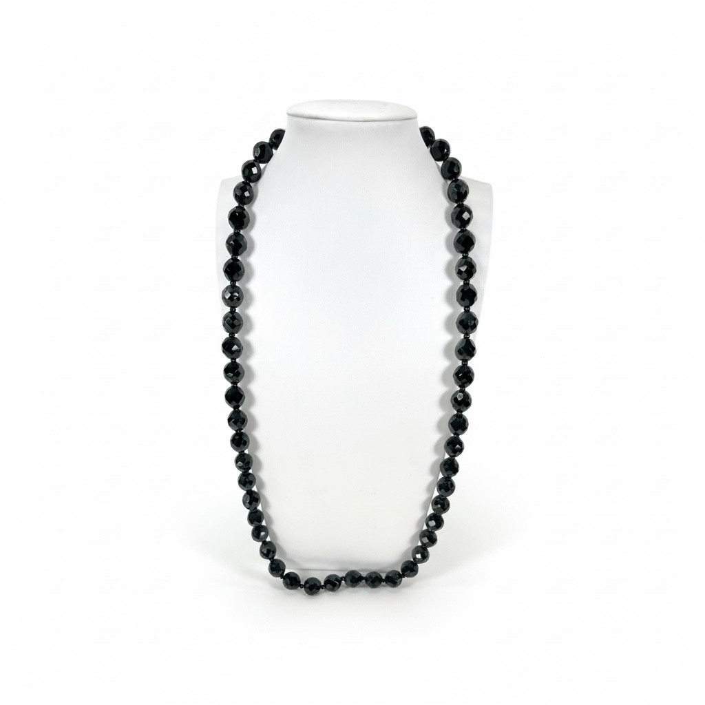 Vintage Black Faceted Glass French Jet Bead Mourning Necklace 25″ 64g