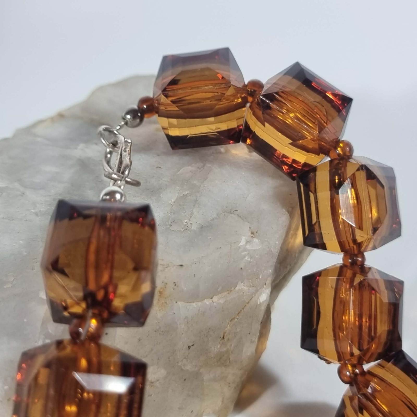 Vintage Amber Lucite Bead Necklace Sterling Silver 45cm Faceted
