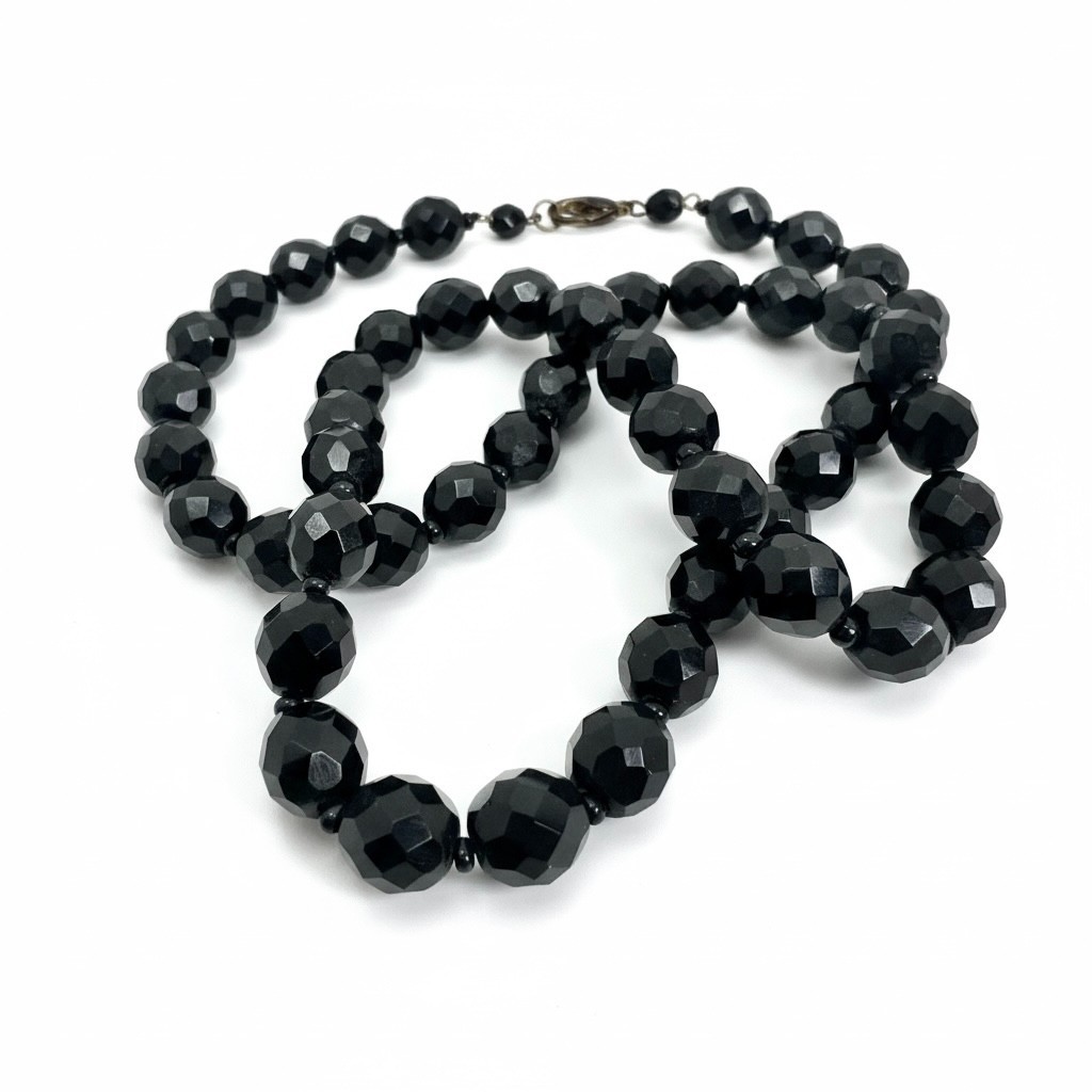 Vintage Black Faceted Glass French Jet Bead Mourning Necklace 25″ 64g