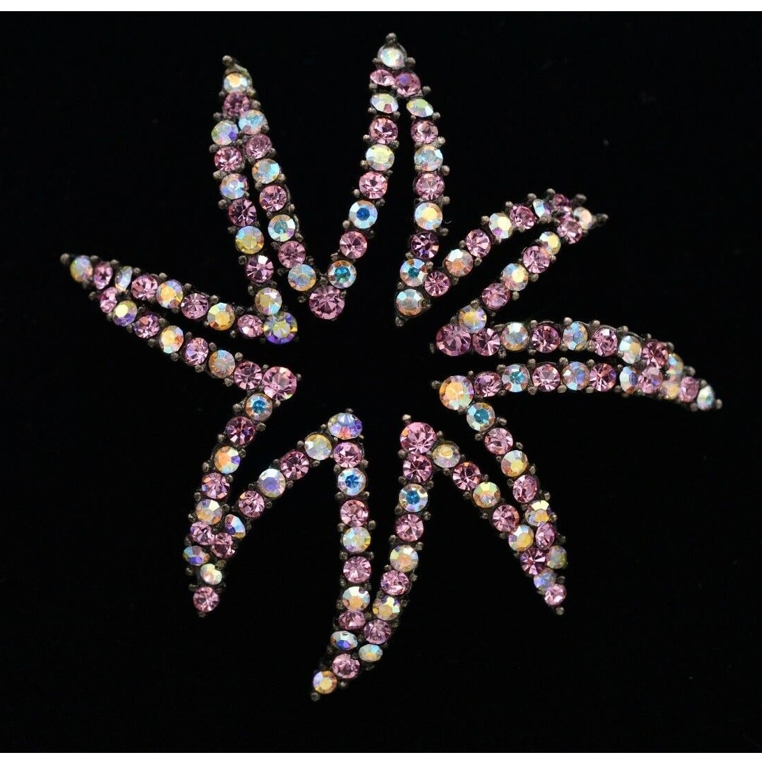 Givenchy Vintage Crystal Flower Star Pin Brooch AB Pink Gunmetal Signed 80s Bin8