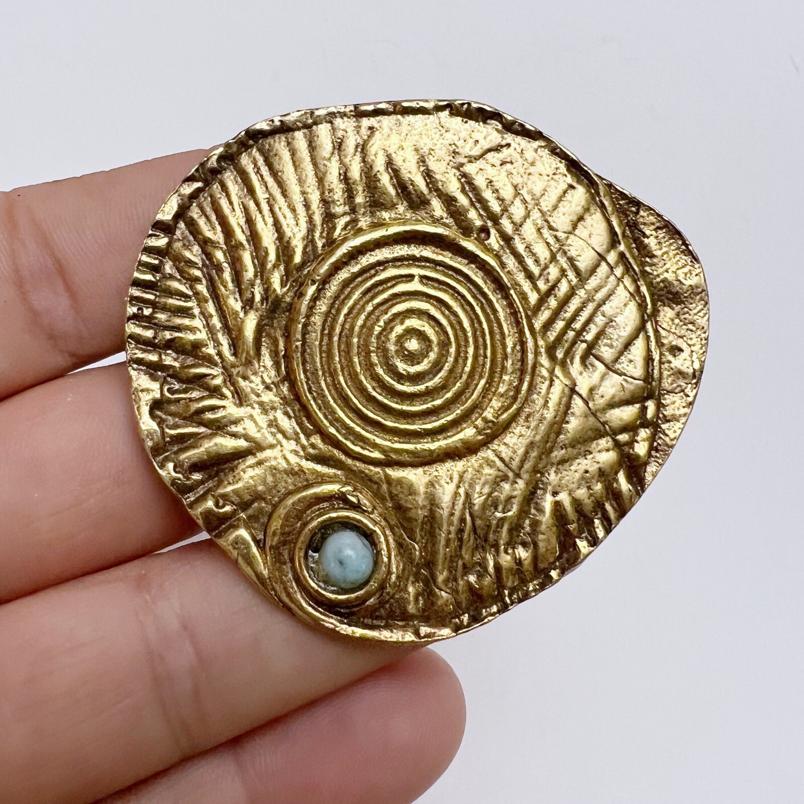 Vintage Jean David Abstract Spiral Brutalist Faux Turquoise Round Brooch Pendant