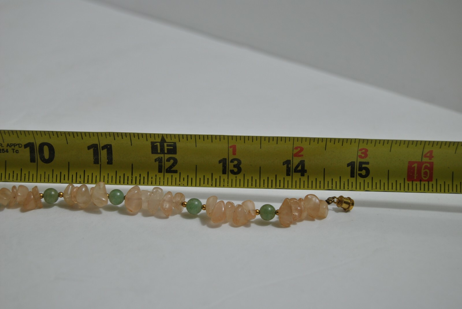 Vintage Jade Pink and Green Bead 15″Necklace Hand Strung Gold Tone Twist Closure