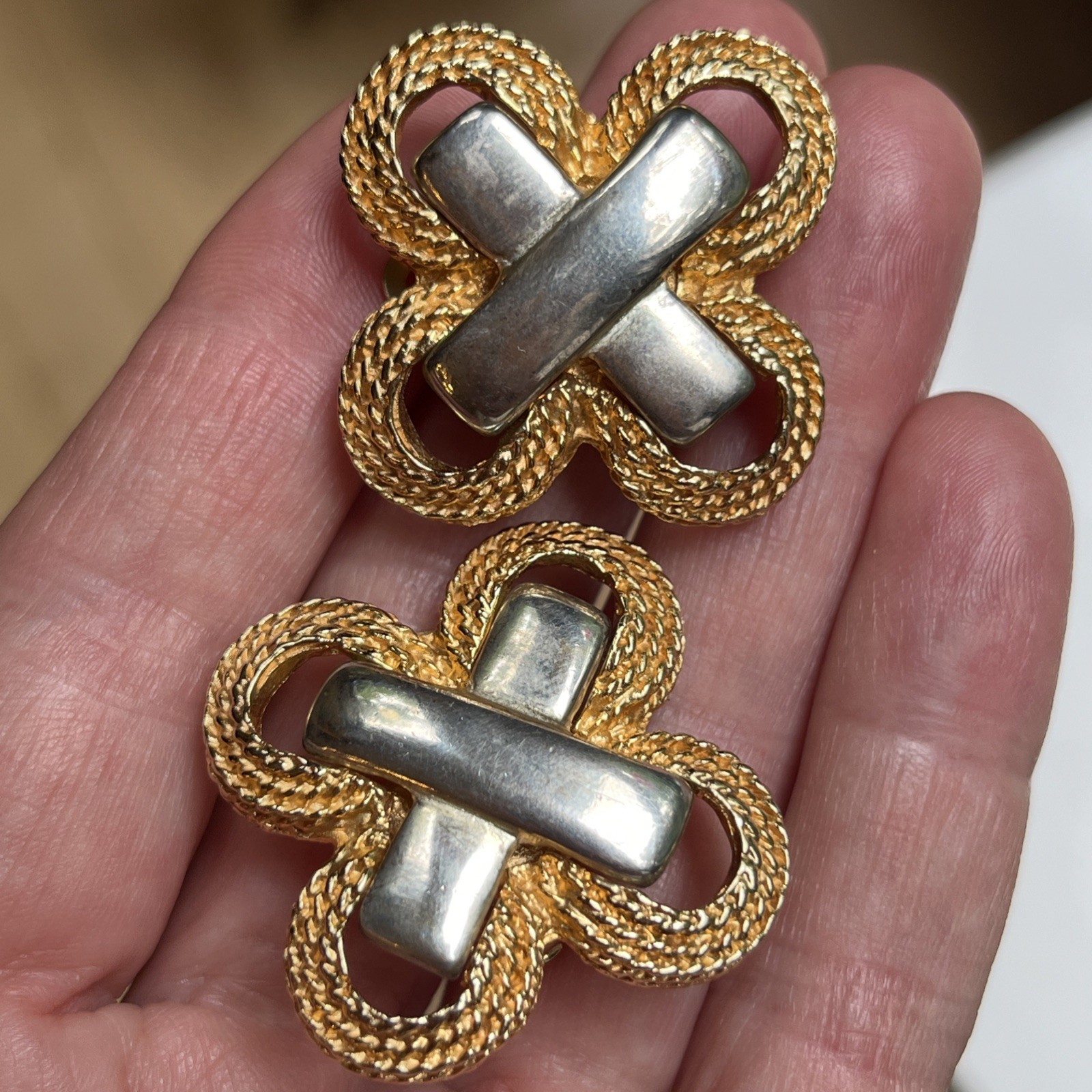 Vintage Gay Boyer Two Tone Gold Silver Braided Statement Clip On Earrings 1980s