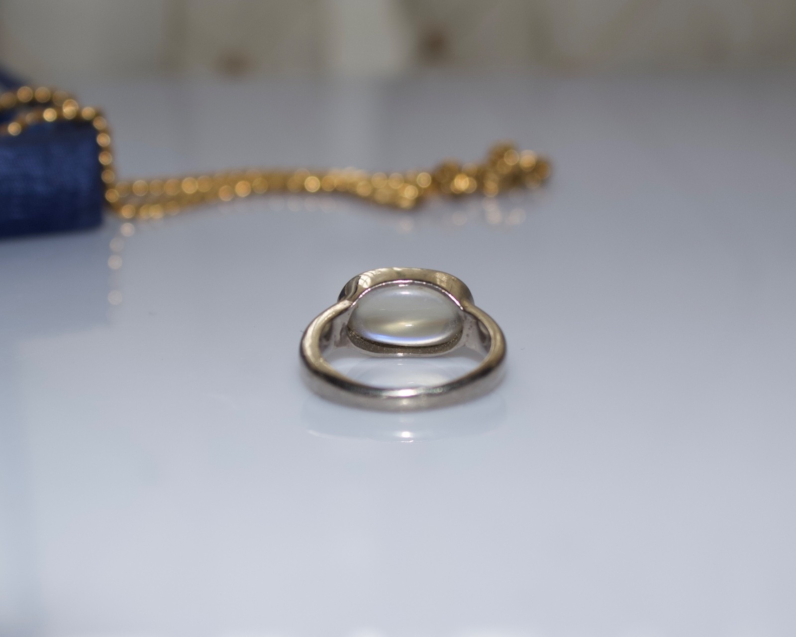 Vintage 14k White Gold Moonstone Bezel Set Solitaire Stacking Band Ring
