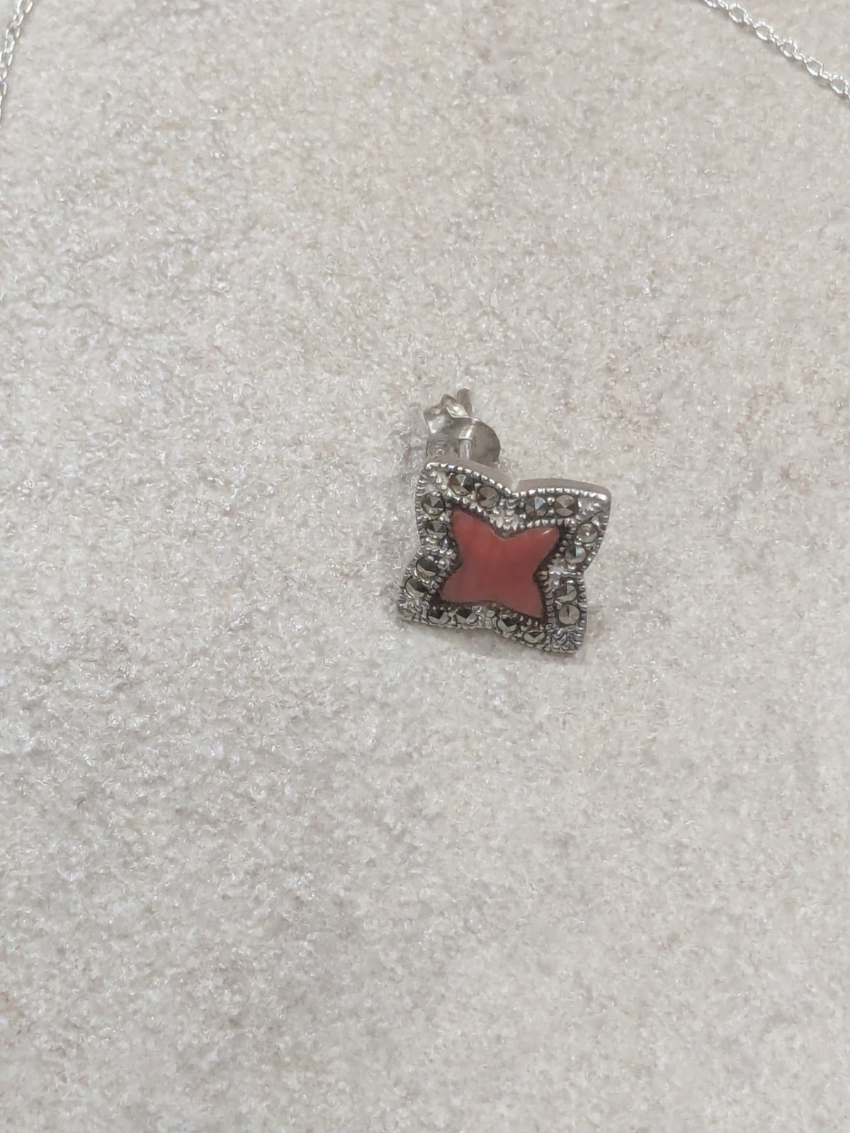 Vintage Sterling Silver 925 Red Coral Marcasite Necklace/Earrings Set 🔥🔥🔥