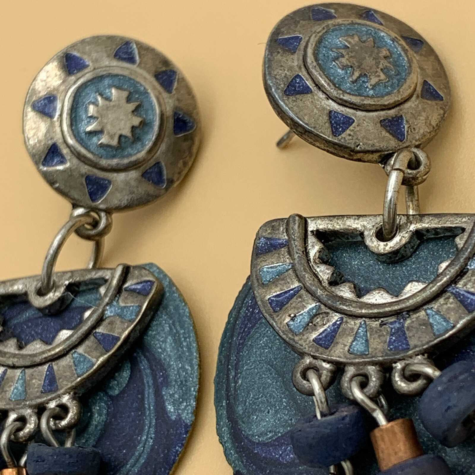 Vintage Edgar Berebi Blue Earrings South Western Theme Dangling Feathers Enamel