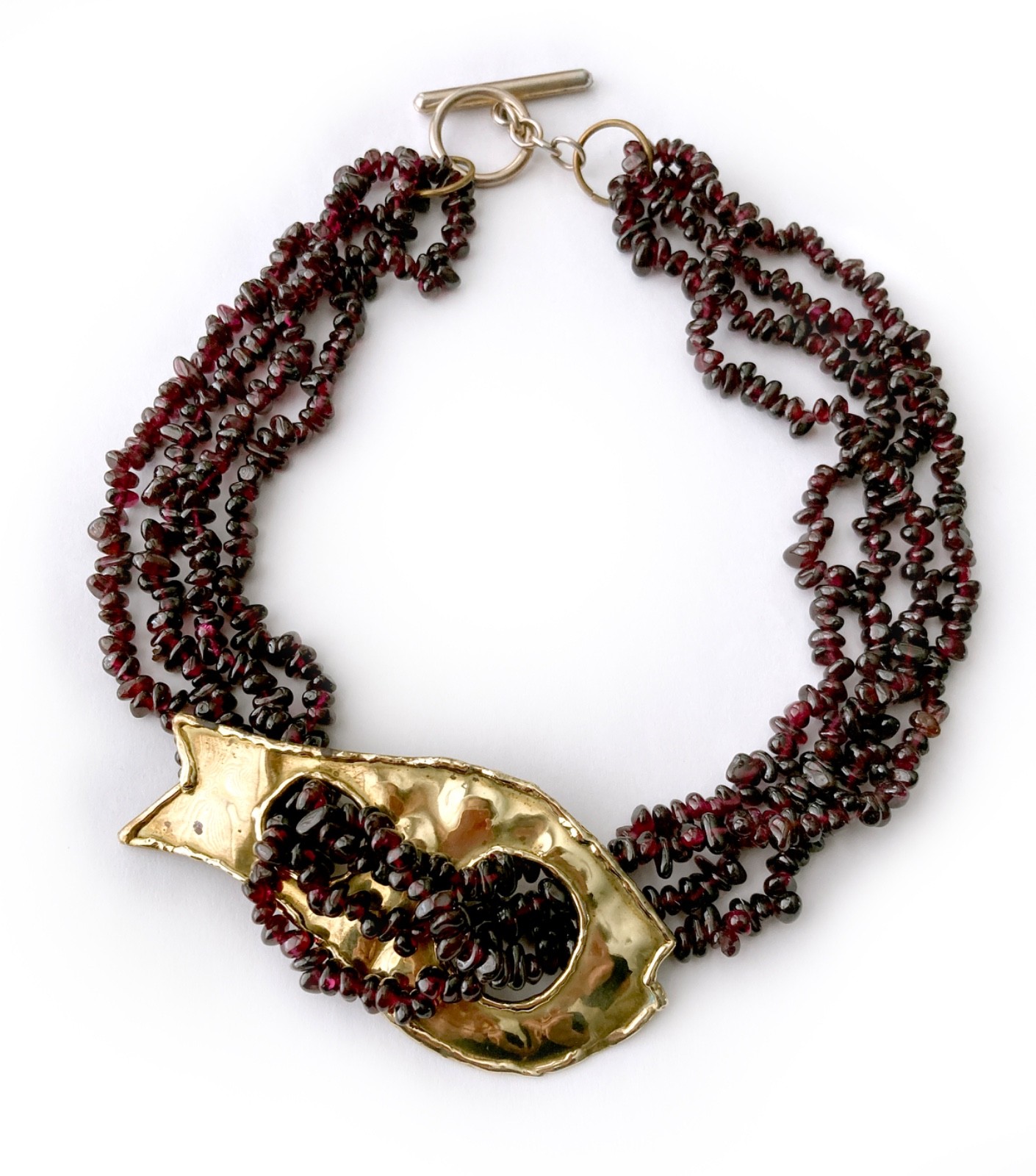 One-of-a-kind Natural Garnet Bead Necklace with Hammered Brass Fish Accent