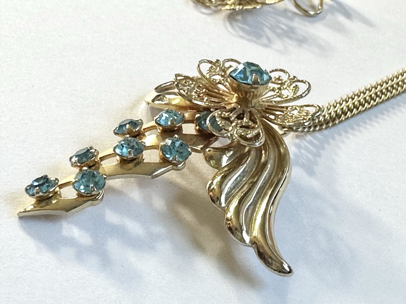 Vintage Set Rhinestone Brooch Pendant Blue Glass Prong Cuff Chain Clip Earrings