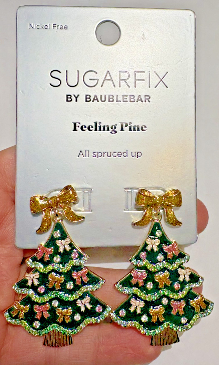 NWT Sugarfix Huge Christmas Tree Enamel Bow Rhinestones Dangle Stud Earrings