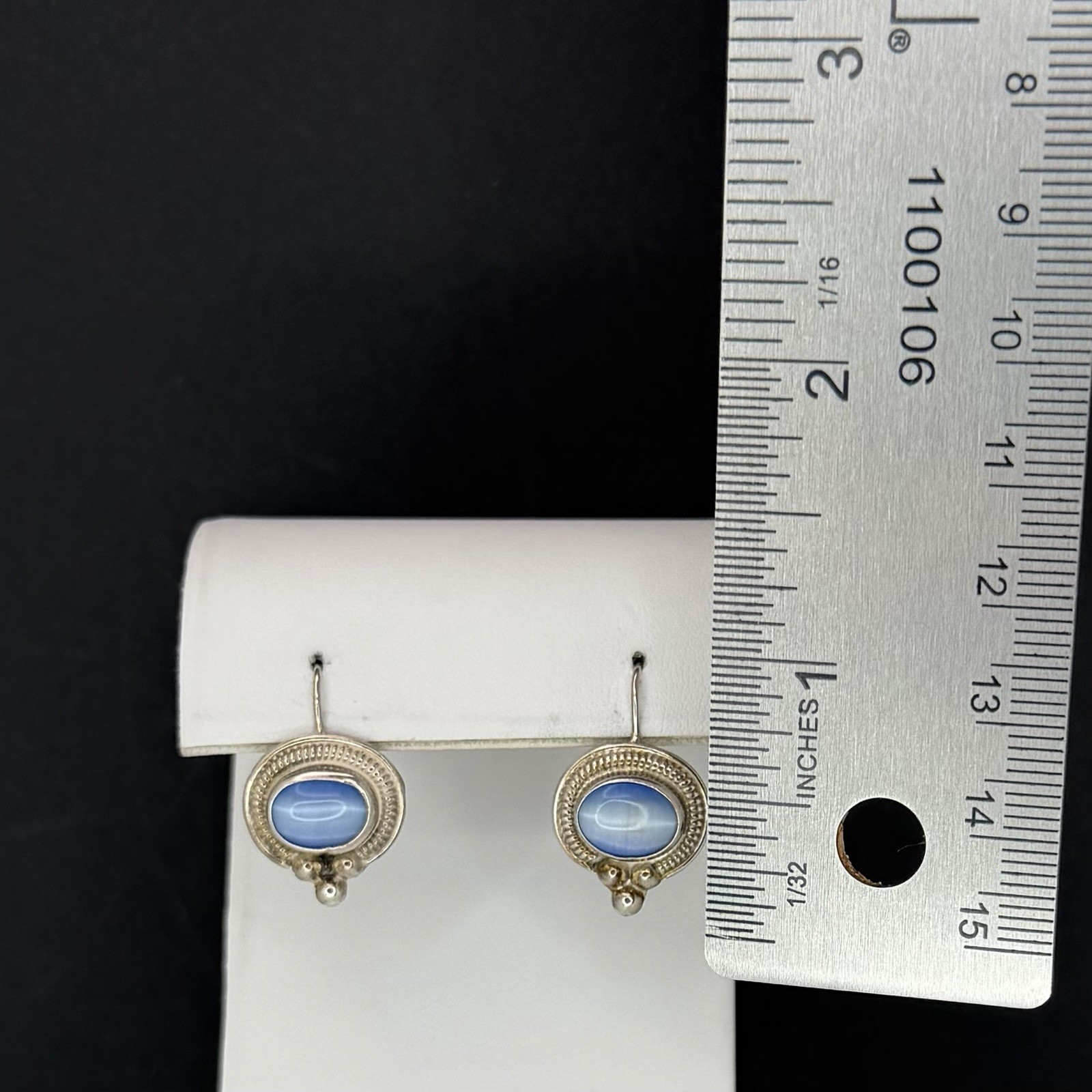 ATI Mexico 925 Sterling Silver Blue Cats Eye Drop Earrings Fish Hook Vintage