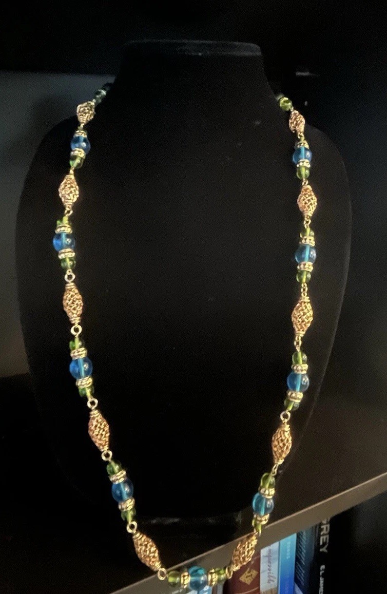 Sandra Miller Burrows(SMB) Gold-tone Filigree Necklace with Blue and Green Beads