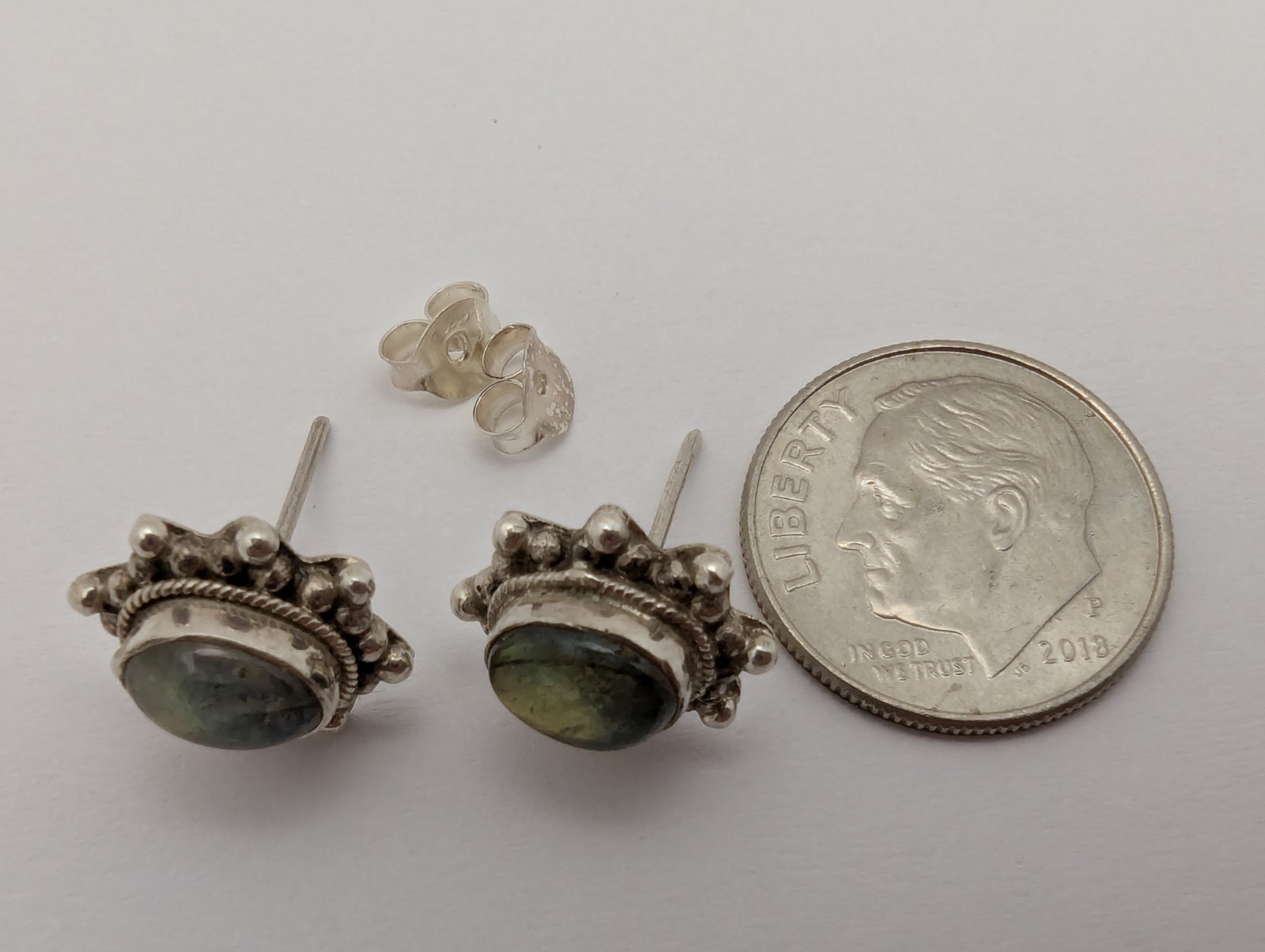 925 STERLING SILVER With LABRADORITE STONE POST / STUD EARRINGS. 17.5mm Long