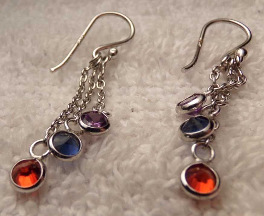 VTG SIGNED STERLING SILVER DROP CHAIN RED BLUE PURPLE CZ DROP PIERCE EARRINGS
