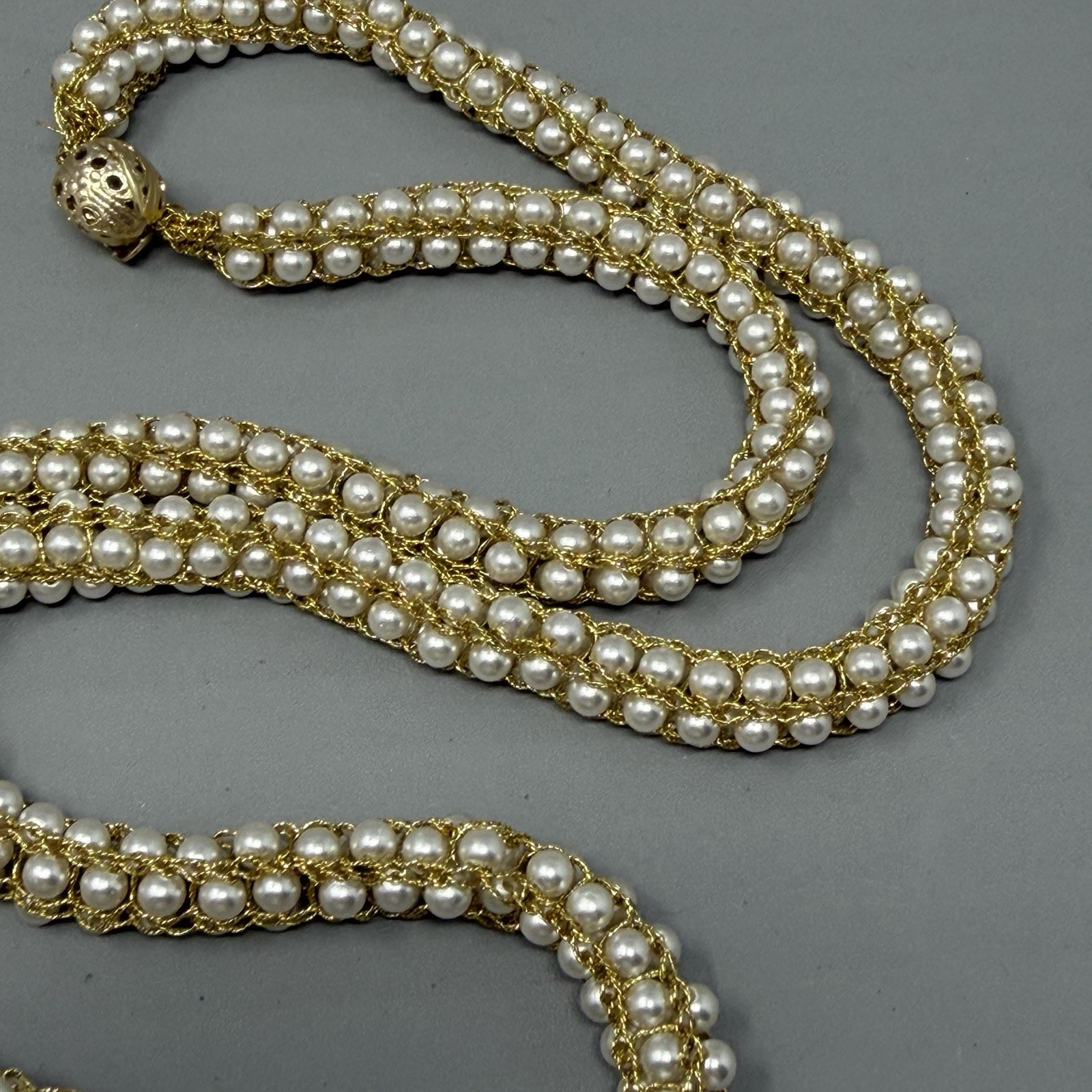 Mini Faux Pearl Necklace Gold Tone Woven Tension Layers Twist Stretchy Handmade