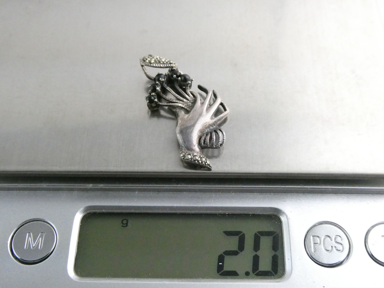 Marsala CW Sterling Silver Hand Holding Black Onyx Flowers Marcasite Pendant 2g