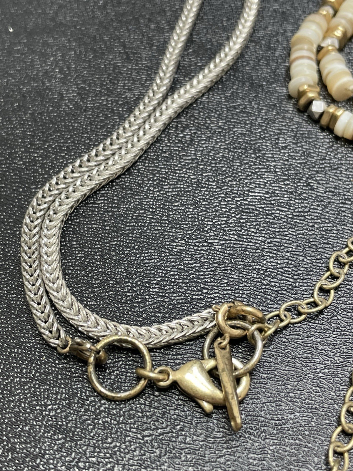 STELLA & DOT Signed 34” Heishi Shell Beaded Silver Tone Chain Necklace